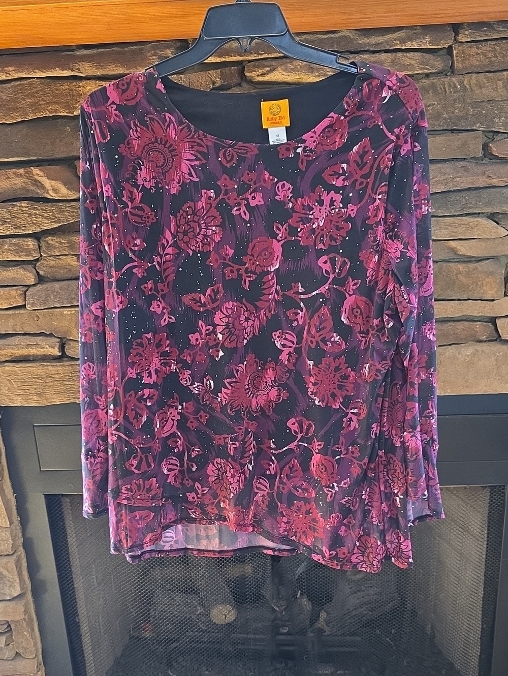 Ruby Rd. Pink Floral Mesh Long-Sleeve Top on Black